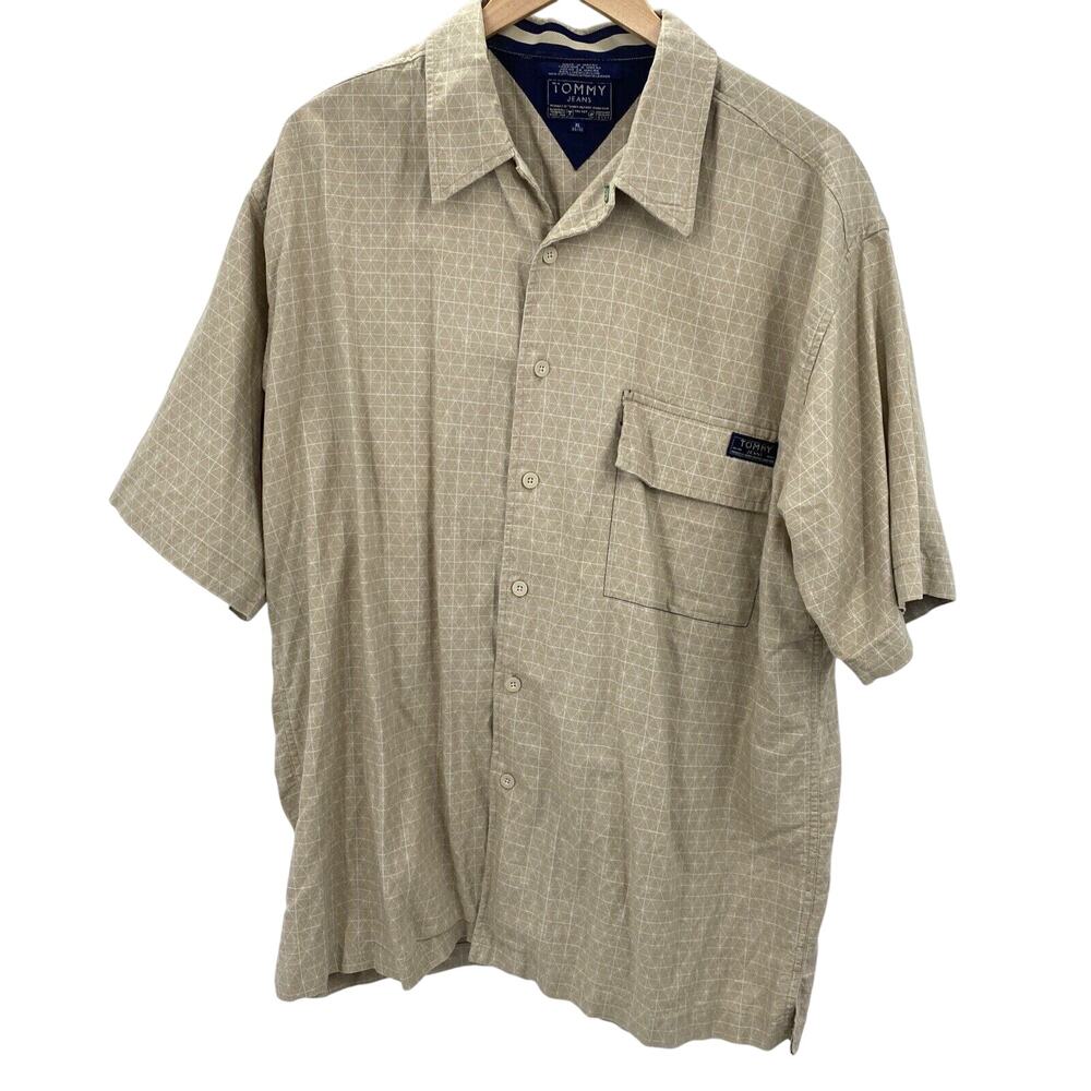 Tommy Hilfiger Shirt Mens XL Tan‎ Linen Blend Button Up Short Sleeve Vintage